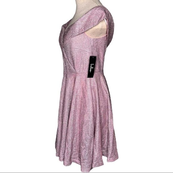 Lulus Shimmer Off Shoulder Dress Size Medium Circle Fit Flare Pink Barbiecore - Picture 3 of 6